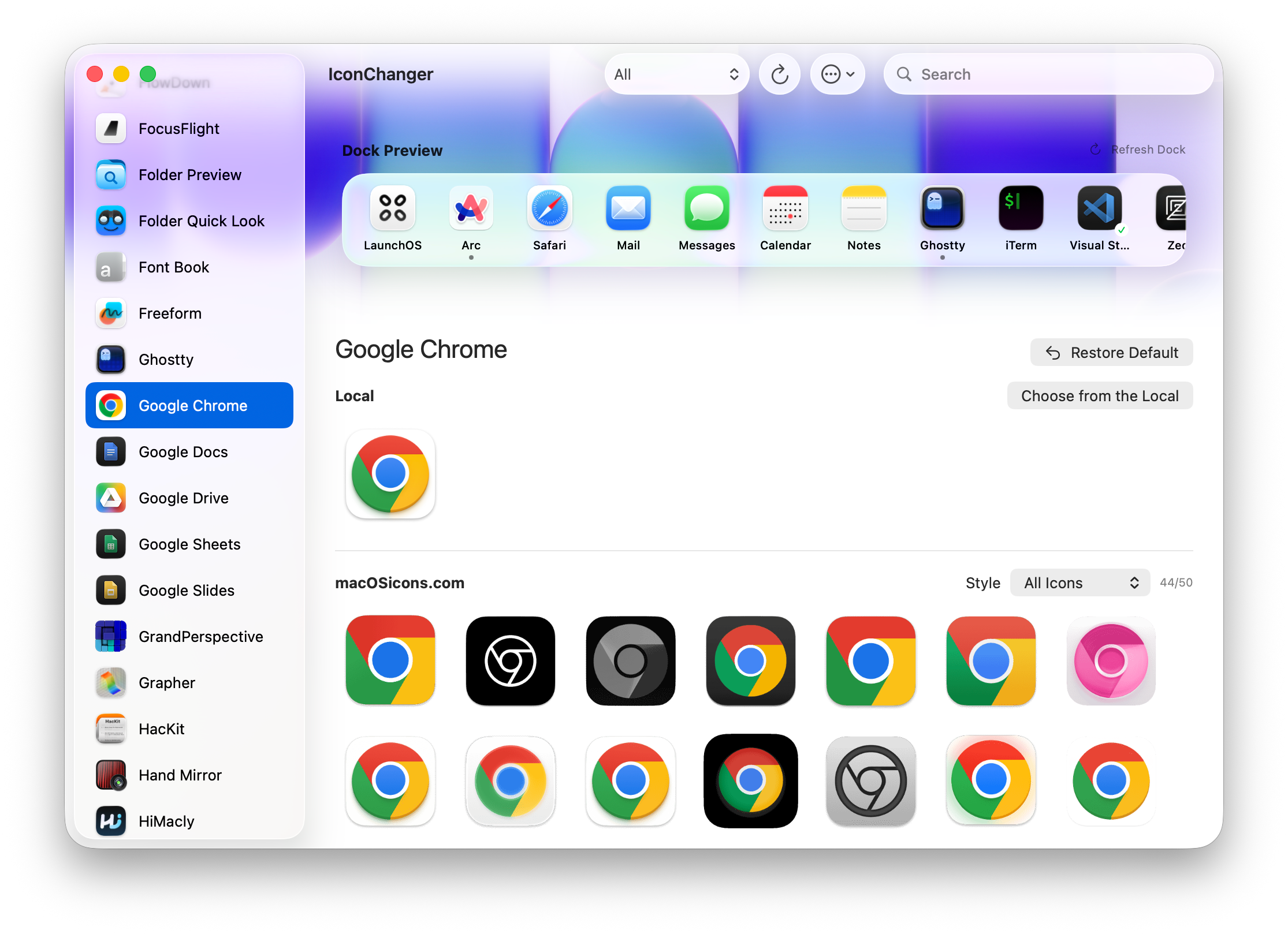 iconchanger main window with icon search and dock preview